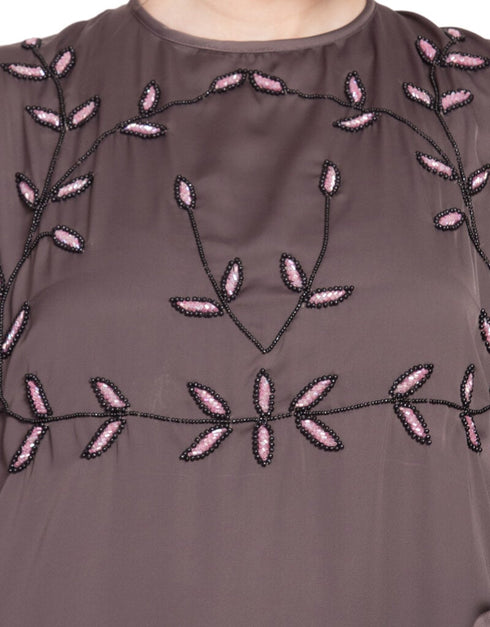 Women Hand embroidered at chest and sleeve A line Nida abaya Brown Women Online shopping USA